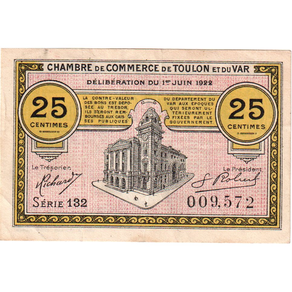 Francia, Toulon, 25 Centimes, 1922-06-01, Serie 139 015,662, BB+, Pirot:121-34