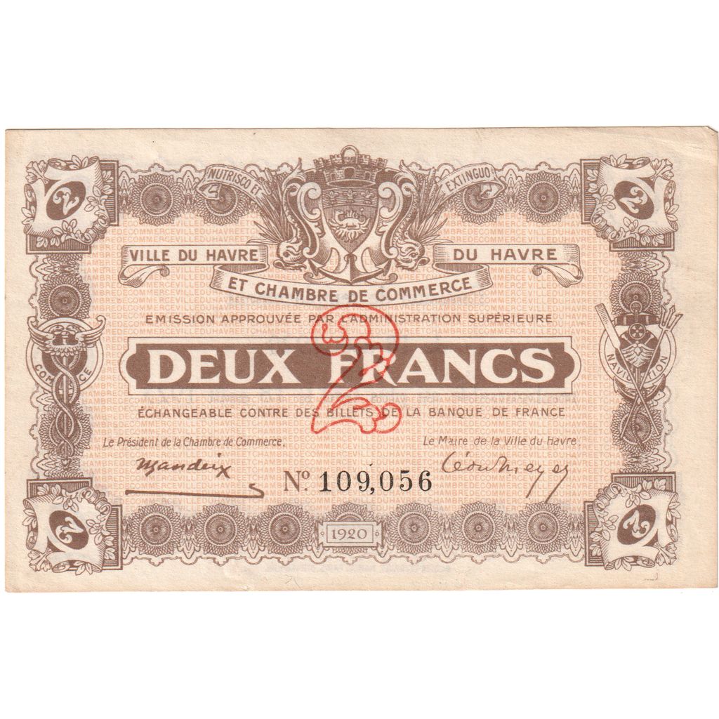 France, Le Havre, 2 Francs, Undated (1920), Chambre de Commerce, TTB