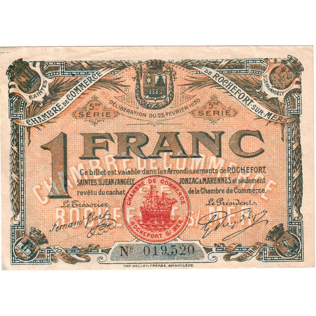 France, ROCHEFORT S/MER, 1 Franc, 1925-12-31, 250,186, EF(40-45), Pirot:107-19