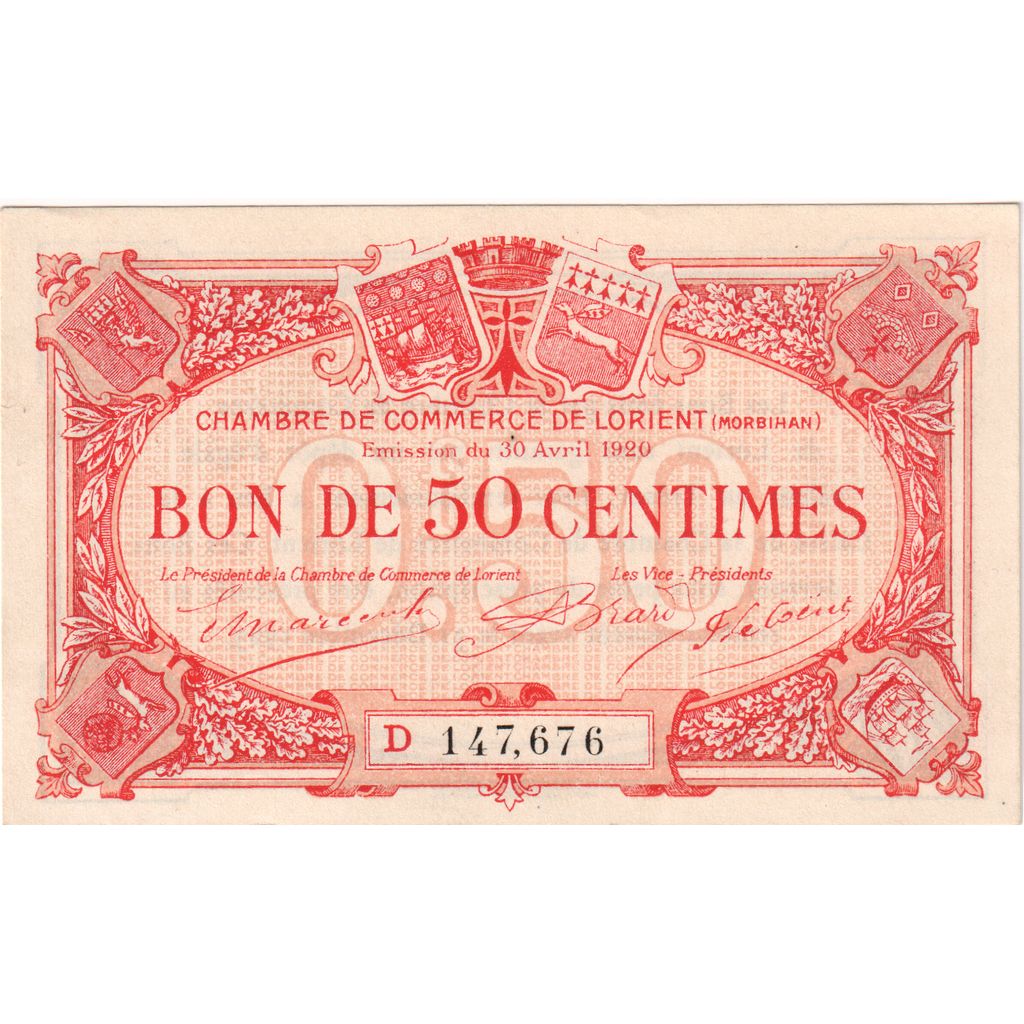 Francia, Lorient, 50 Centimes, 1920-04-30, Chambre de commerce / Bon de, SPL