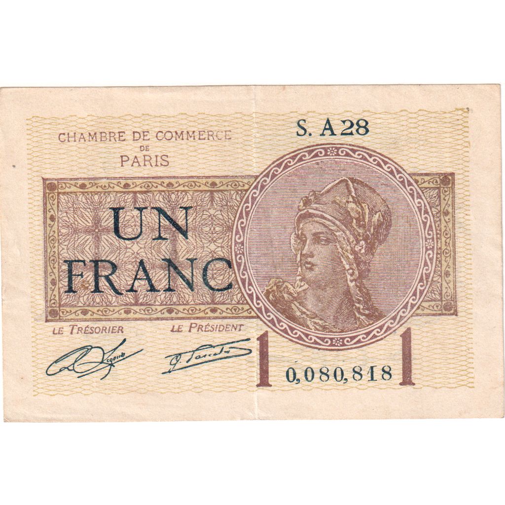 France, 1 Franc, Chambre de Commerce de Paris, 1919, S.A28, AU(50-53)