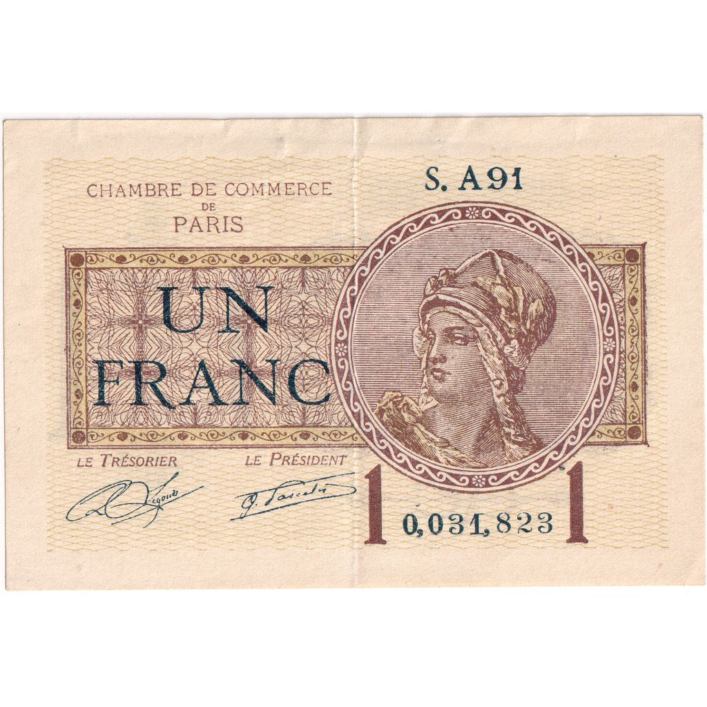 France, 1 Franc, Chambre de Commerce de Paris, 1919, S.A91, EF(40-45)