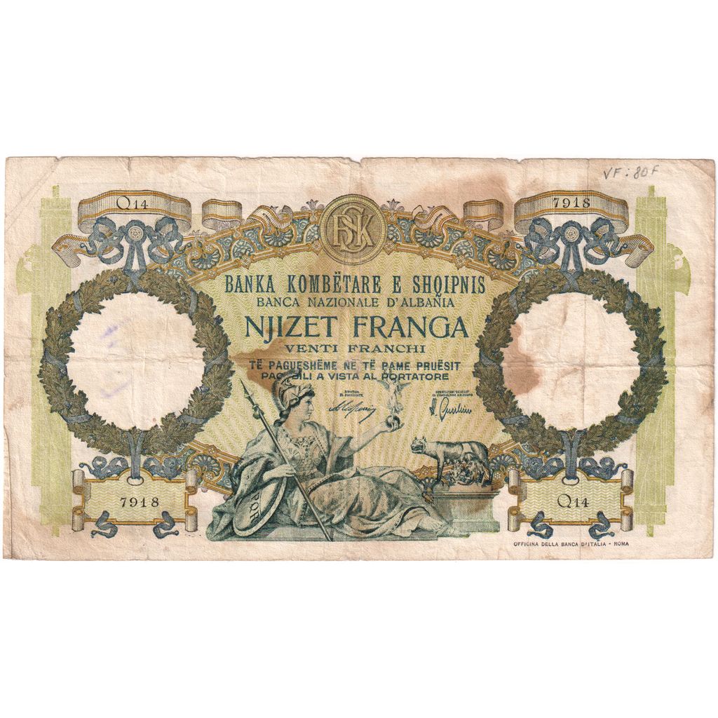 Albania, 20 Franga, VF(20-25)