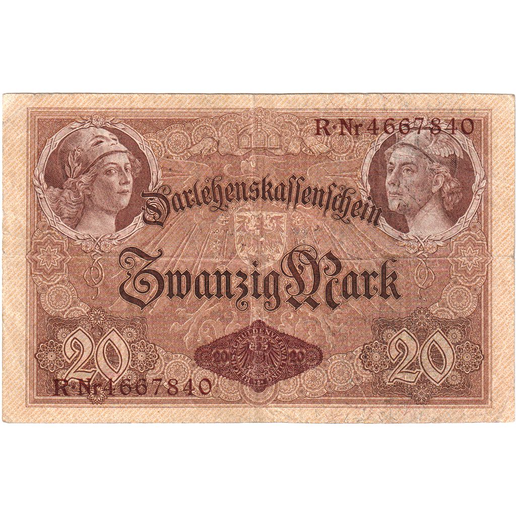 Banknot, Niemcy, 20 Mark, 1914, 1914-08-05, VF(30-35)