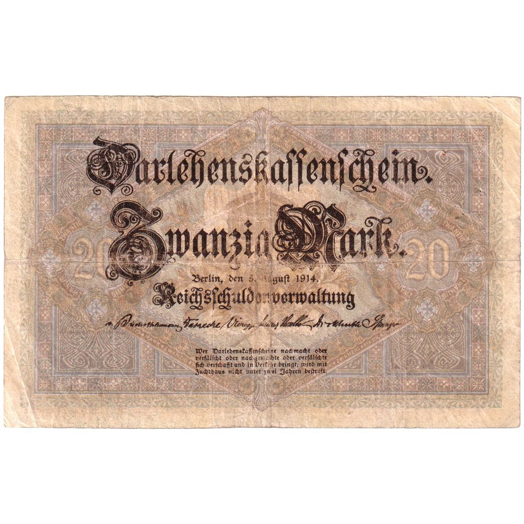 Banknot, Niemcy, 20 Mark, 1914, 1914-08-05, VF(30-35)