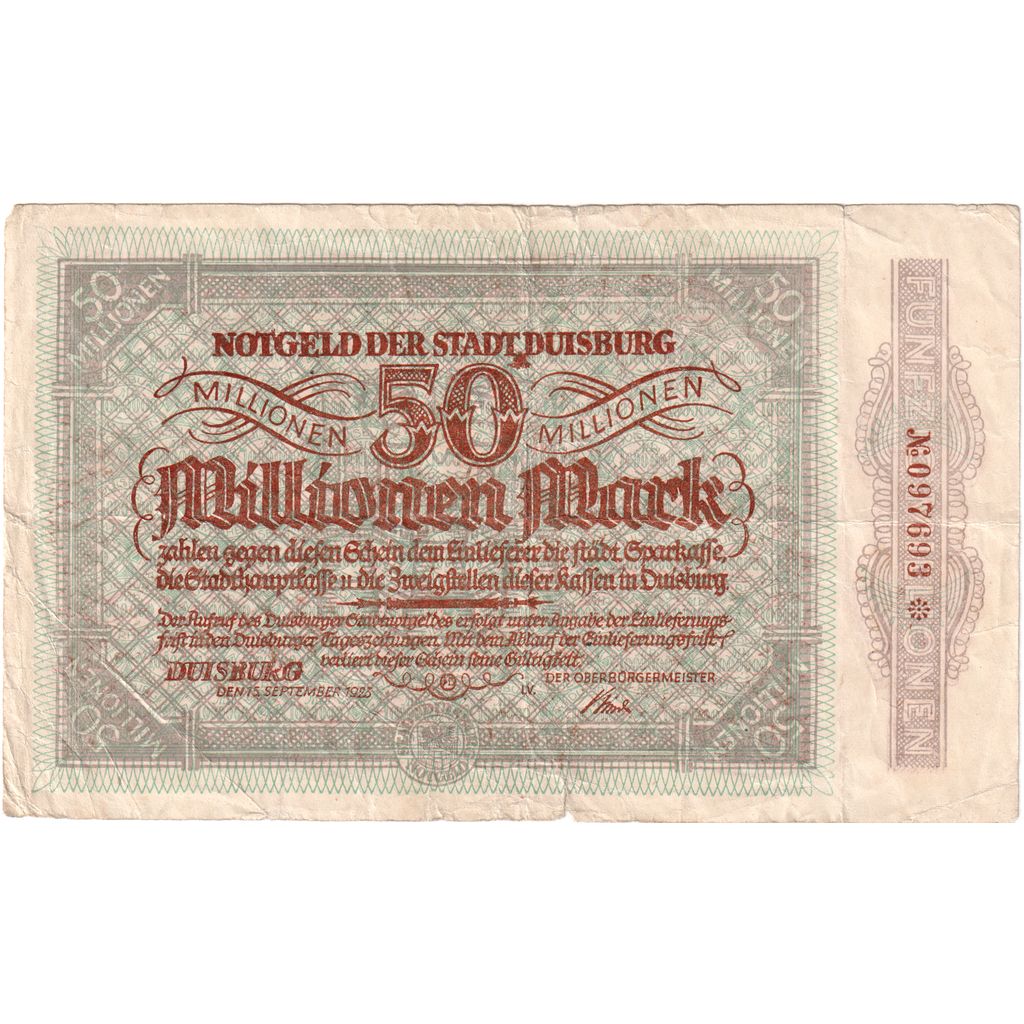Allemagne, Duisburg, 50 Millionen Mark, 1923-09-15, TTB