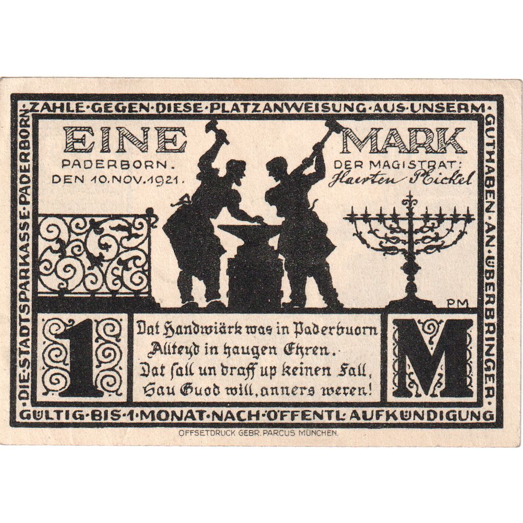 Billet, Allemagne, Paderborn, 1 Mark, Batiment 1921-11-10, SPL Mehl:1043.6