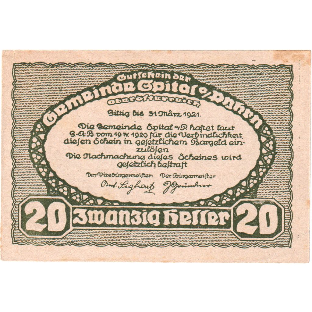Österreich, Spital am Pyhrn, 20 Heller, 1921-03-31, SS+