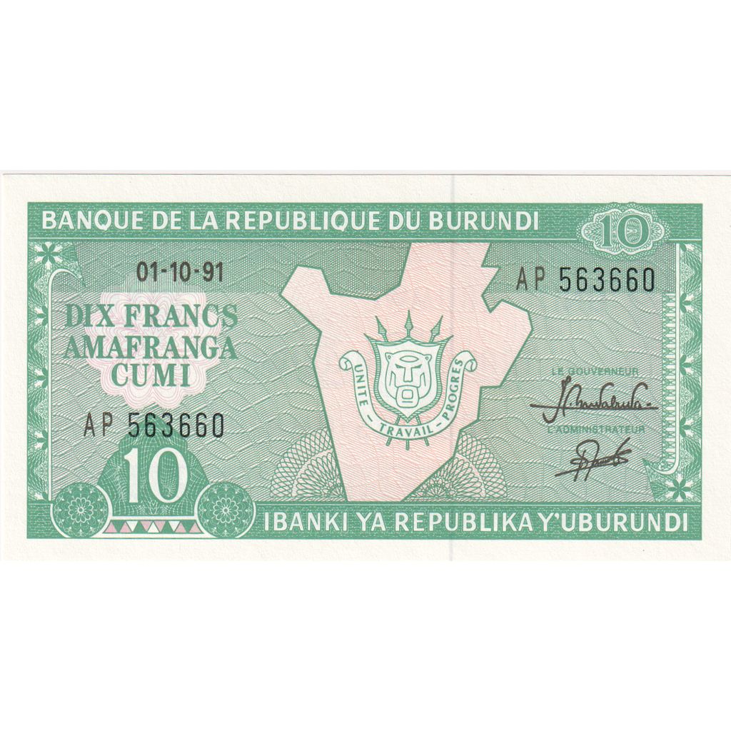 Banknot, Burundi, 10 Francs, 1991, 1991-10-01, KM:33a, UNC(65-70)