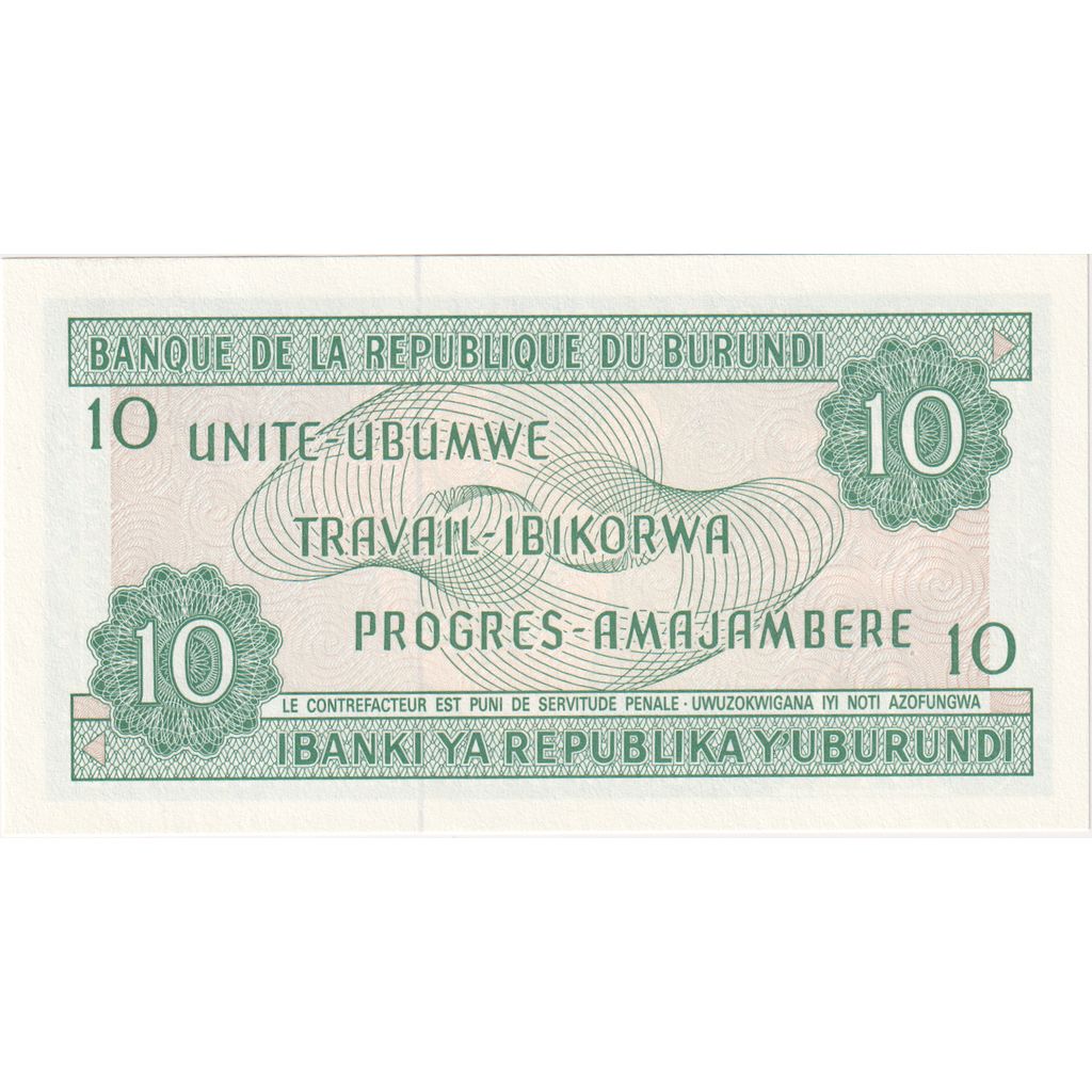Banknot, Burundi, 10 Francs, 1991, 1991-10-01, KM:33a, UNC(65-70)