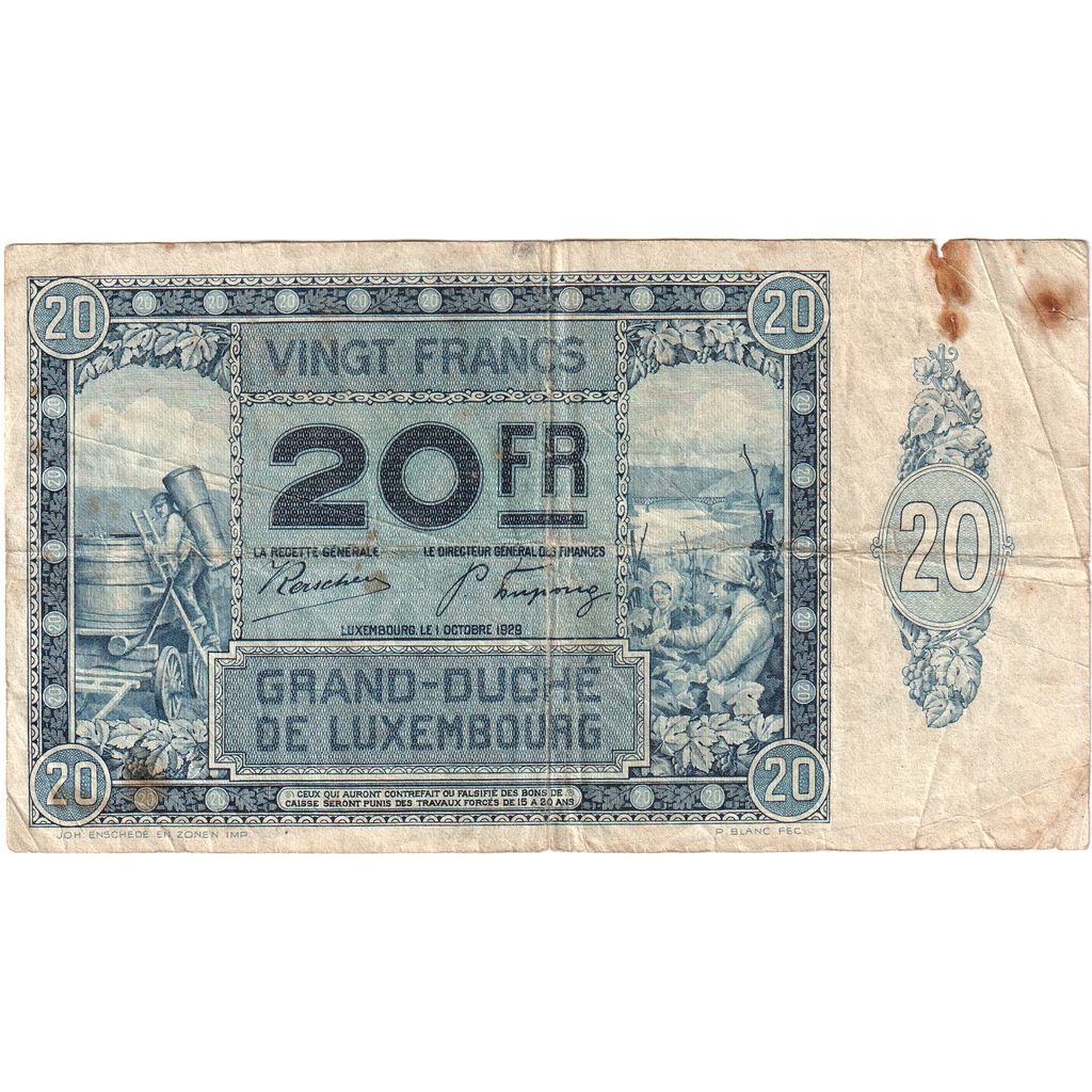 Luxemburgo, 20 Francs, 1929-10-01, VF(20-25)