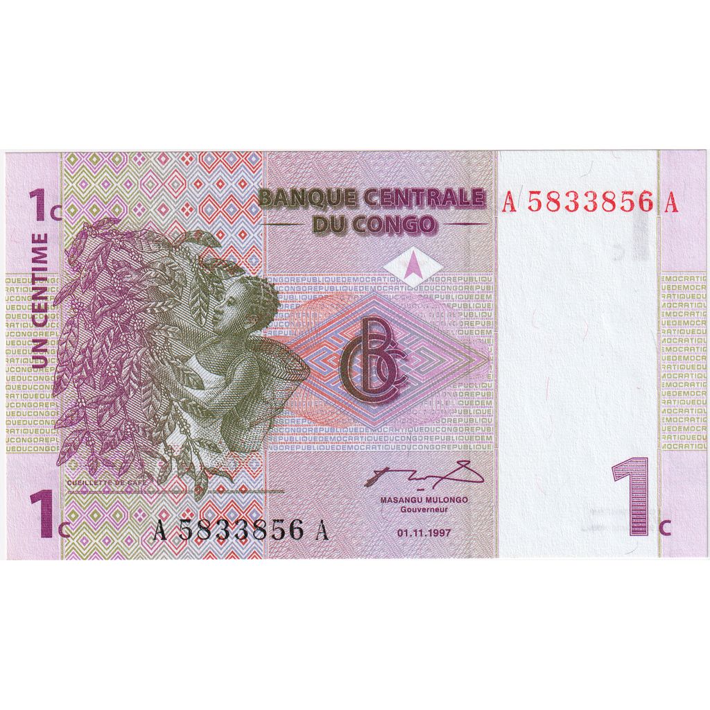 Banknote, Congo Democratic Republic, 1 Centime, 1997-11-01, KM:80a, UNC(65-70)
