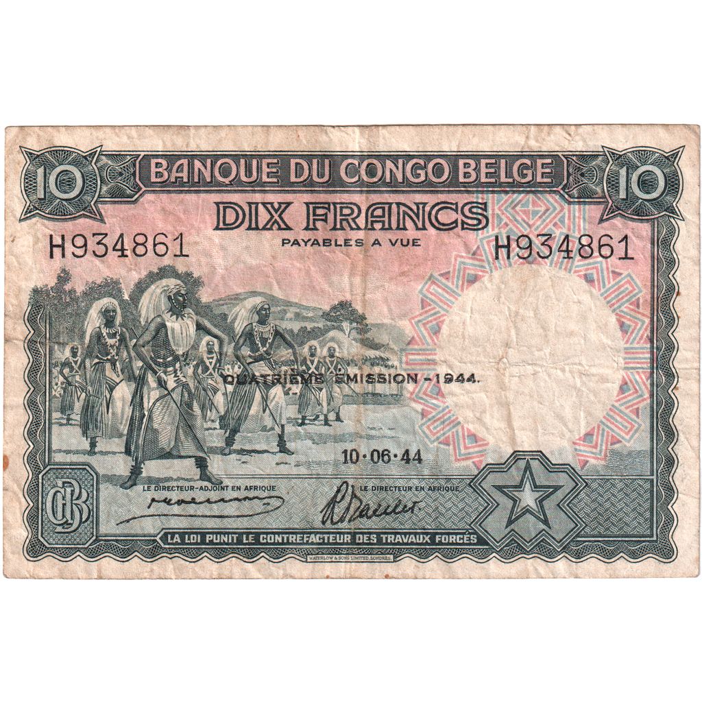 Kongo Belgijskie, 10 Francs, 1944-06-10, VF(30-35)