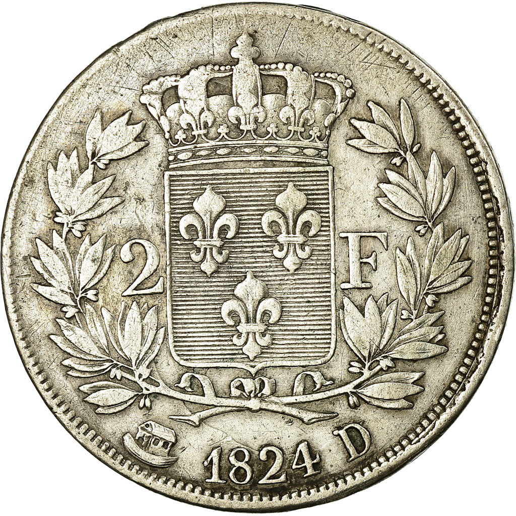 Moneda, Francia, Louis XVIII, Louis XVIII, 2 Francs, 1824, Lyon, BC+, Plata