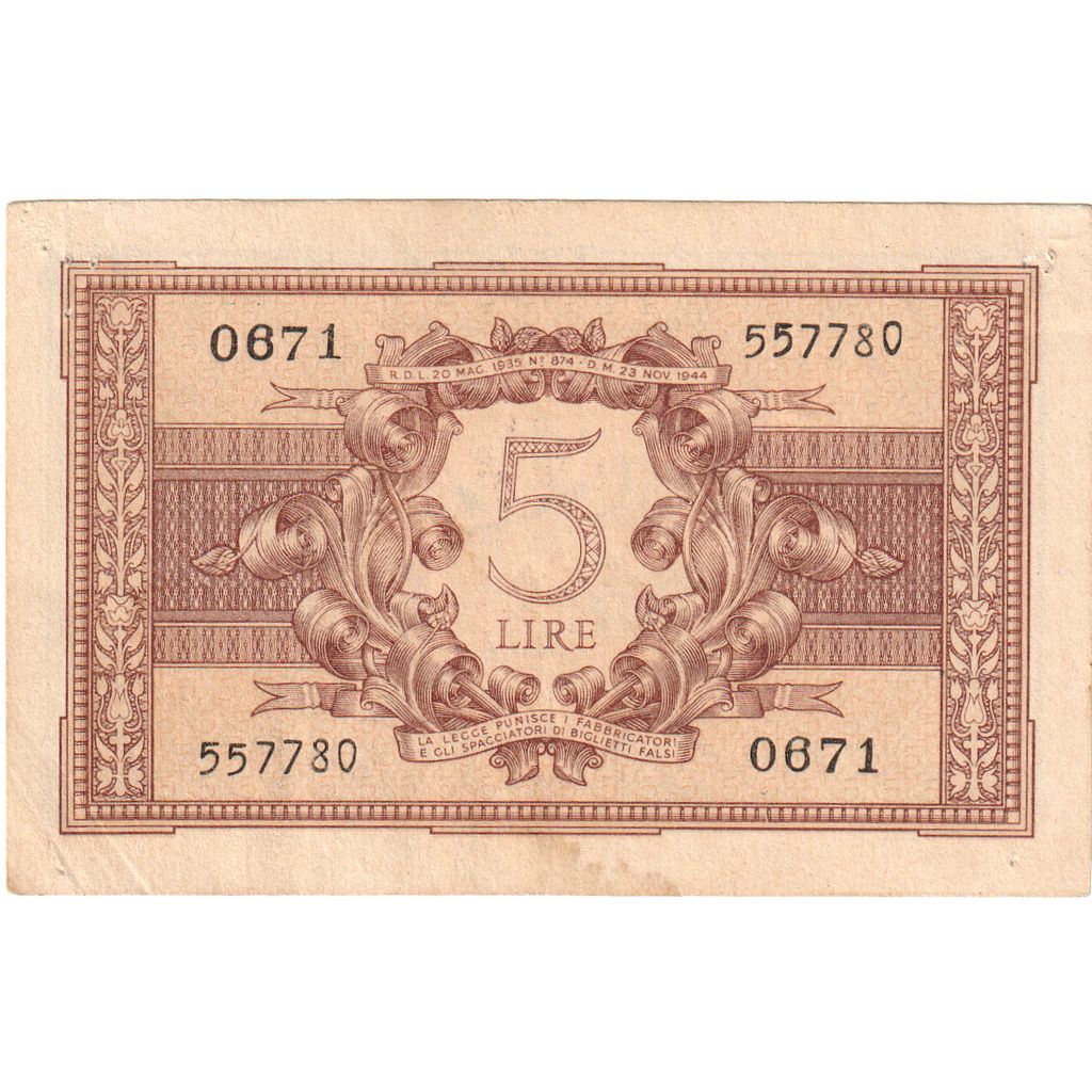 Billet, Italie, 5 Lire, 1944, 1944-11-23, KM:31c, TTB