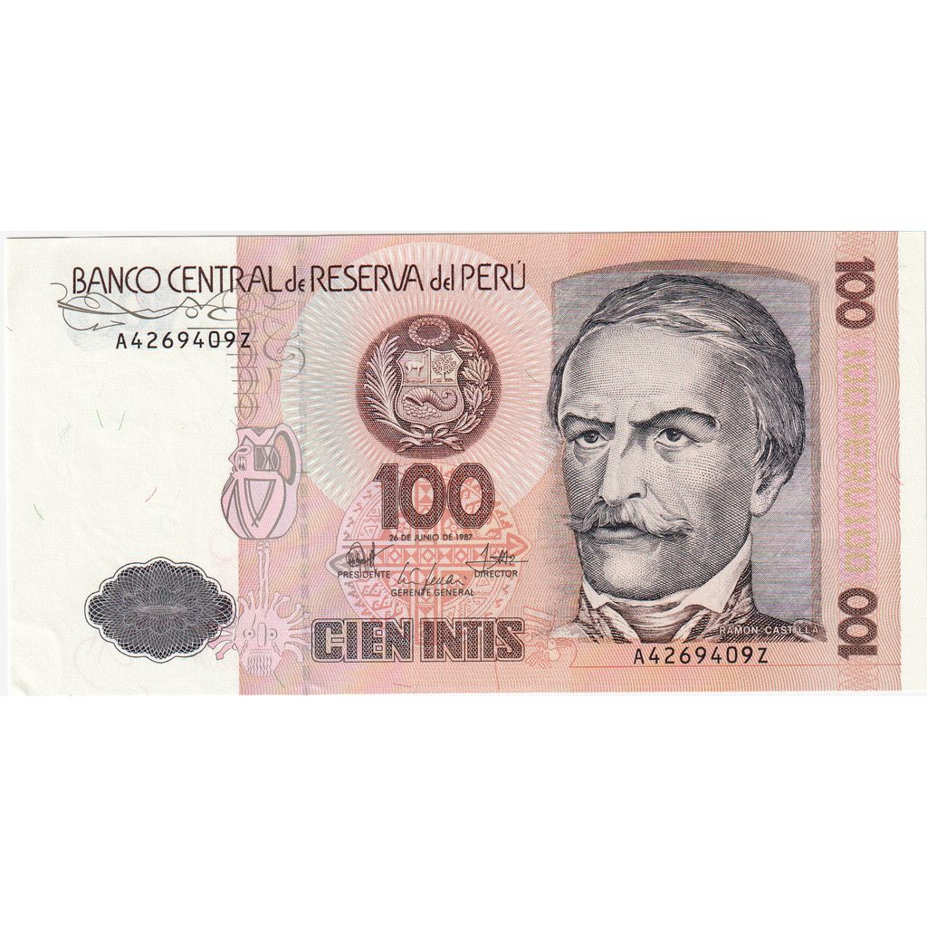 Billet, Pérou, 100 Intis, 1987-06-26, KM:133, SPL