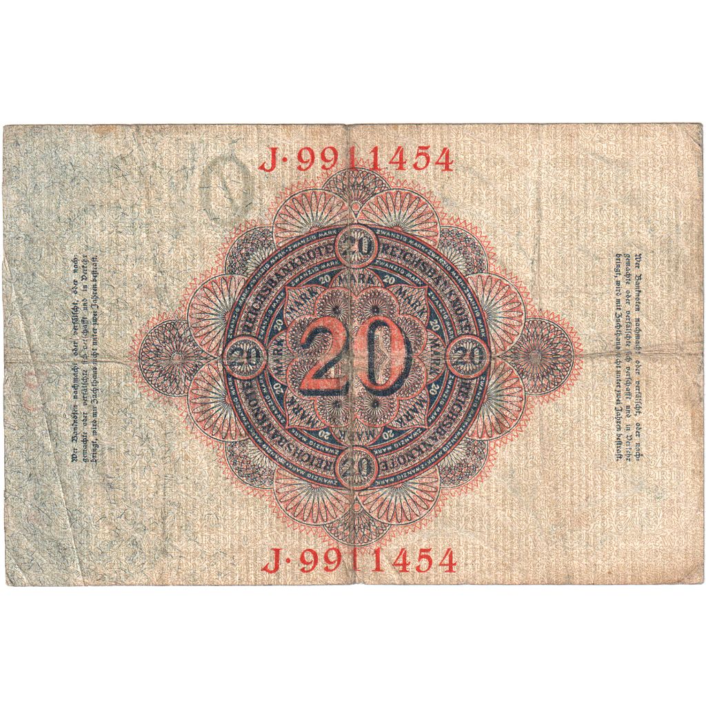 Banknot, Niemcy, 20 Mark, 1914, KM:46b, VF(30-35)