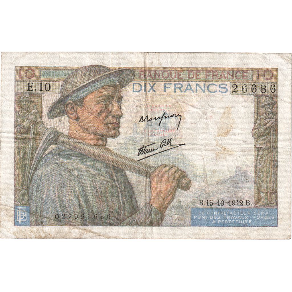 Frankreich, 10 Francs, Mineur, 1942-10-15, E.10, S+