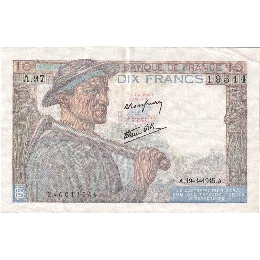 França, 10 Francs, Mineur, 1945-04-19, A.97, VF(30-35)