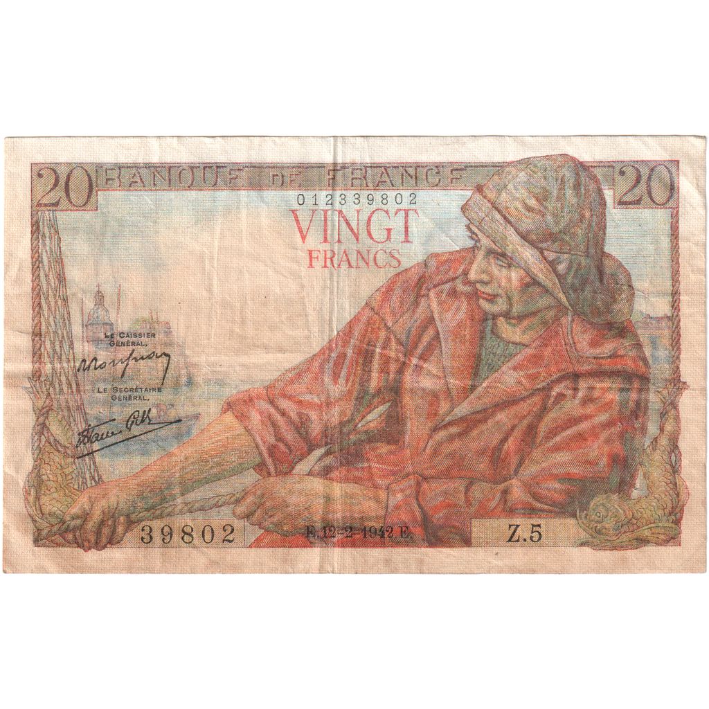 França, 20 Francs, Pêcheur, 1942-02-12, Z.5, VF(20-25)
