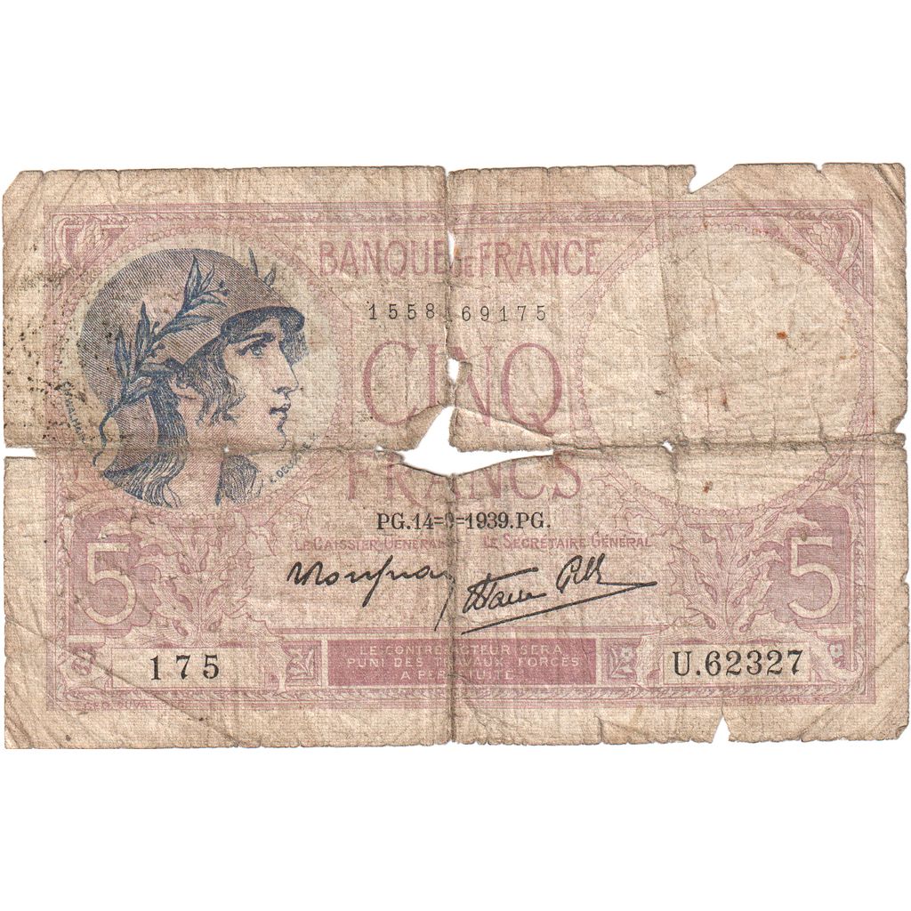 Frankreich, 5 Francs, Violet, 1939-09-14, U.62327, SGE
