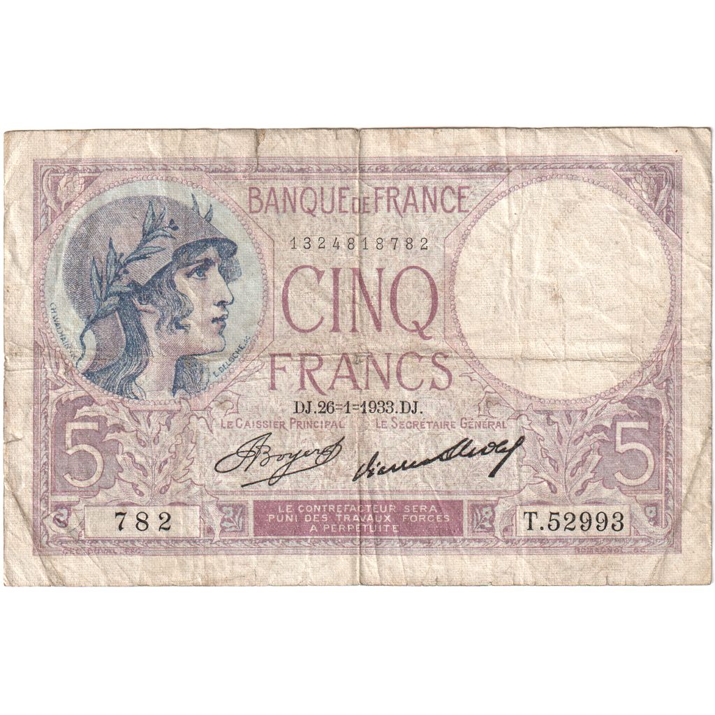 França, 5 Francs, Violet, 1933-01-26, T.52993, VF(30-35)