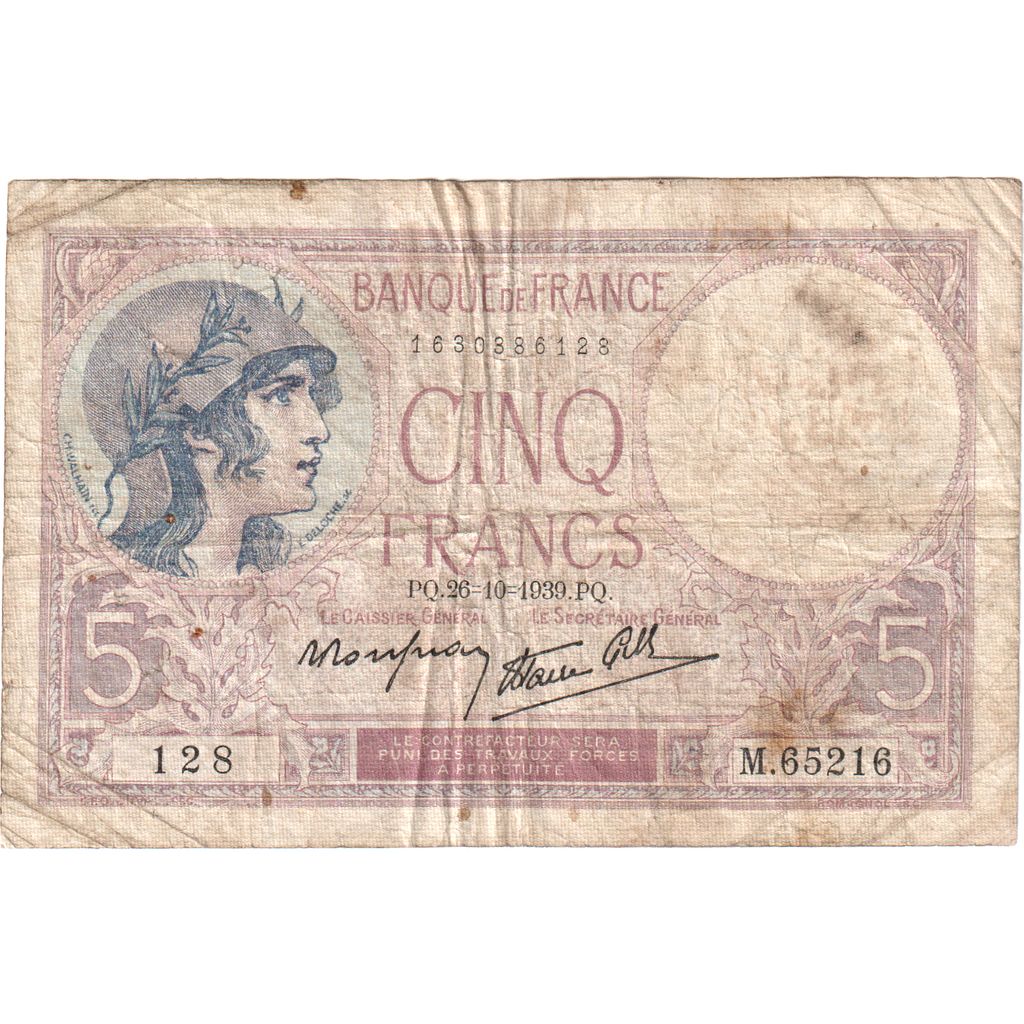 Francia, 5 Francs, Violet, 1939-10-26, M.65216, MB+