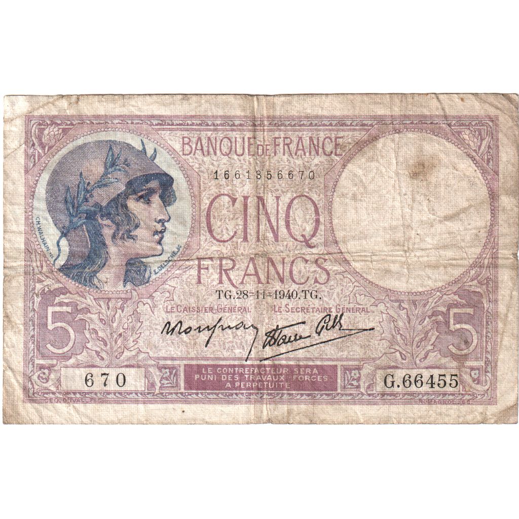 France, 5 Francs, Violet, 1940-11-28, G.66455, TB+