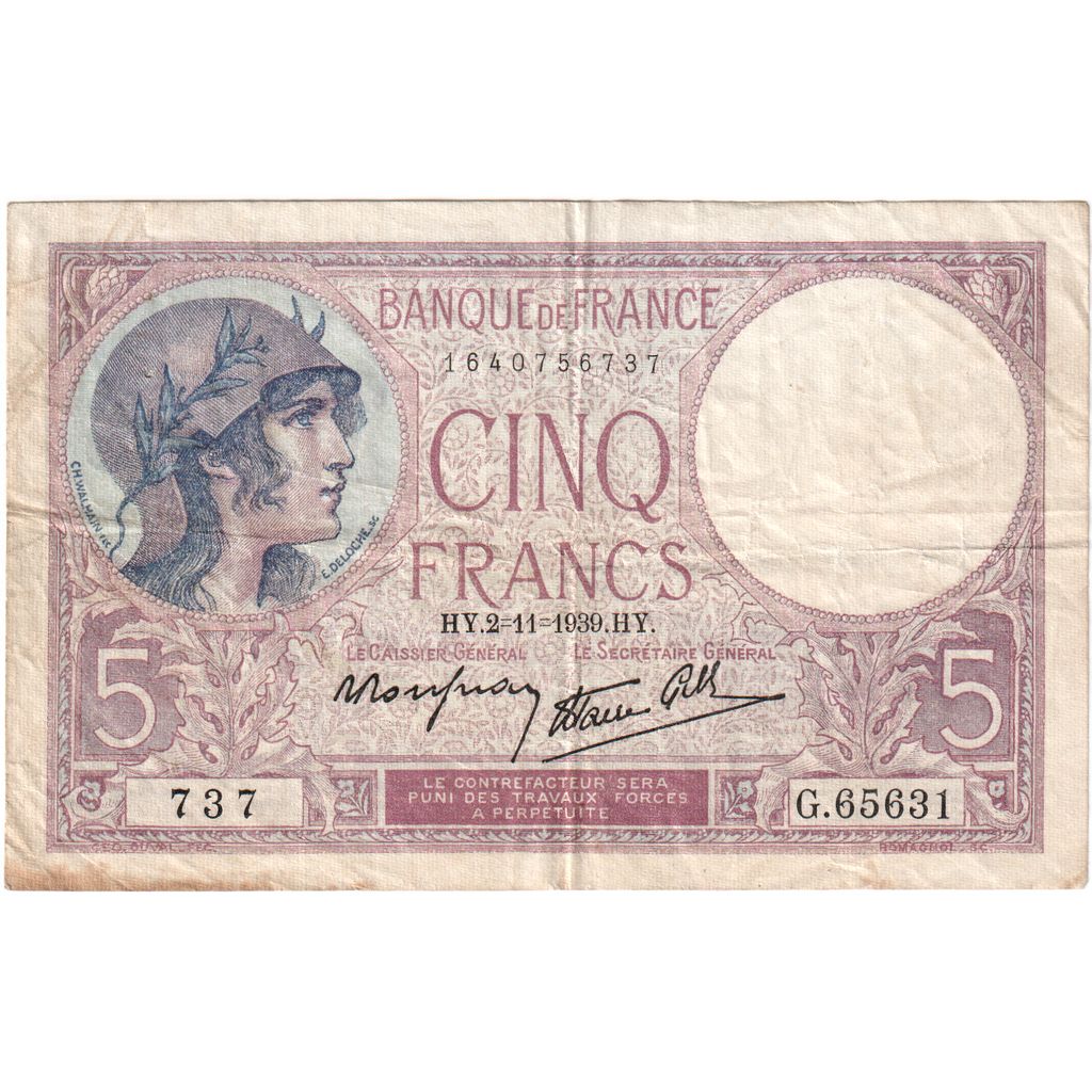 Francja, 5 Francs, Violet, 1939-11-02, G.65631, VF(30-35)