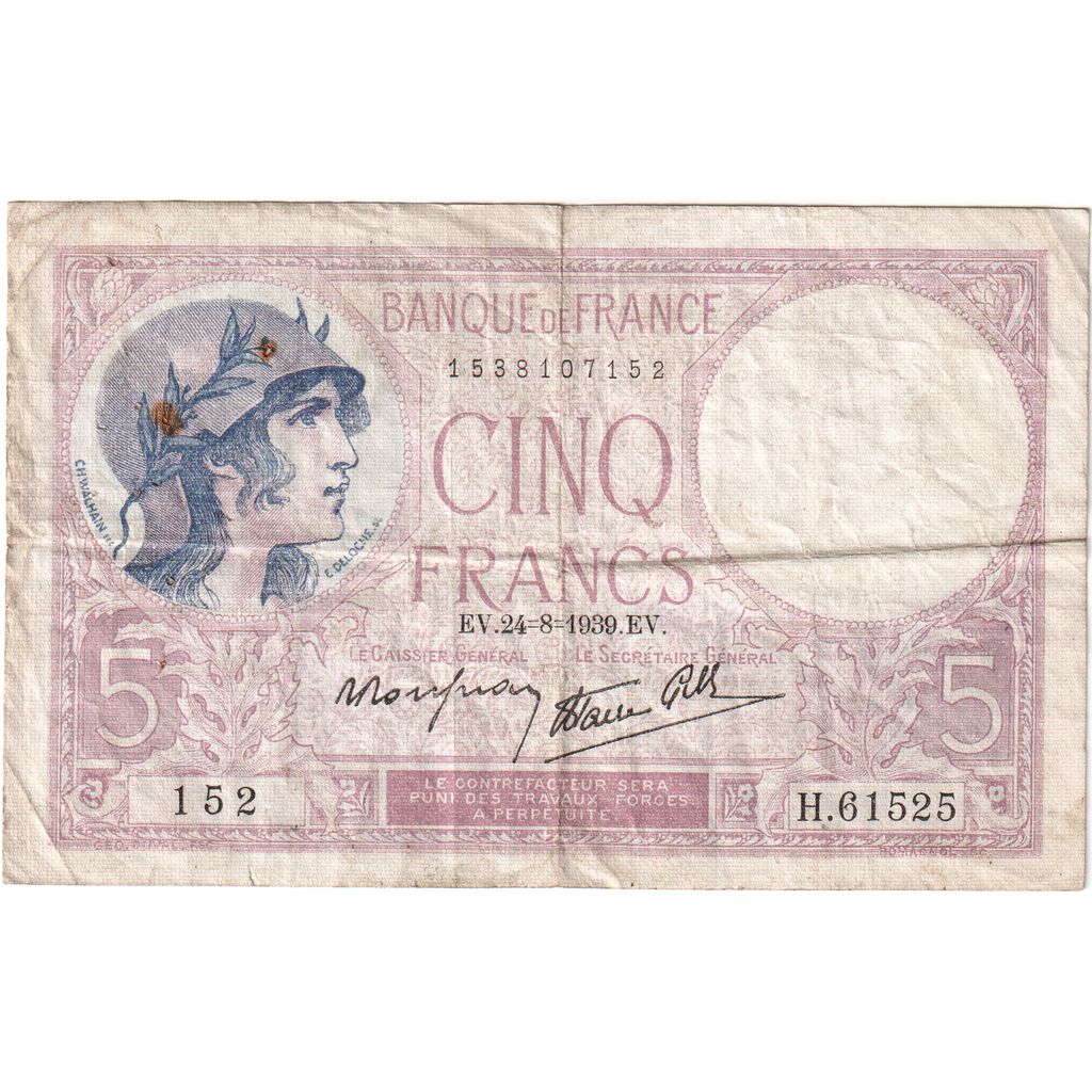 Frankreich, 5 Francs, Violet, 1939-08-24, H.61525, S+