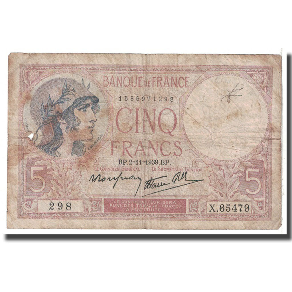 France, 5 Francs, 1939, 1939-11-02, VG(8-10), KM:83