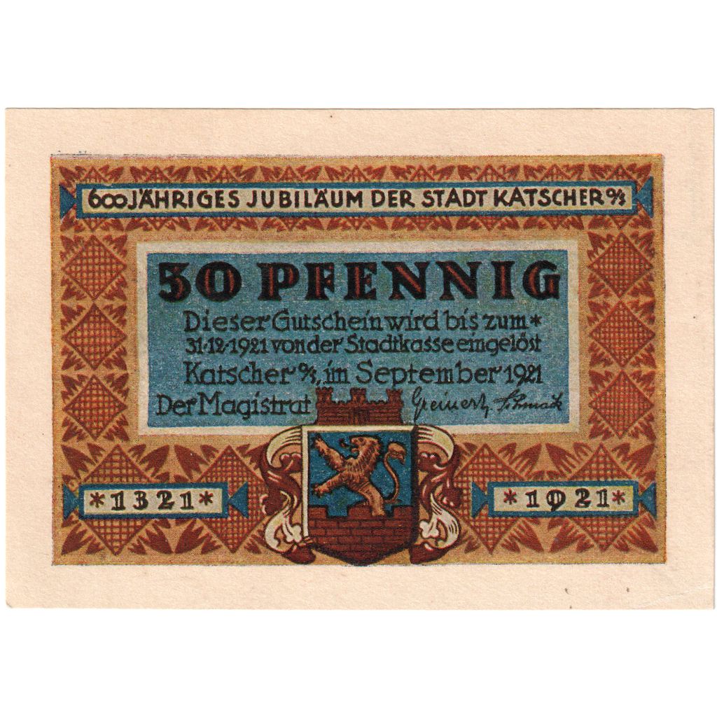 Banconote, Germania, Katscher, 50 Pfennig, personnage, 1921, 1921-10-12, FDS