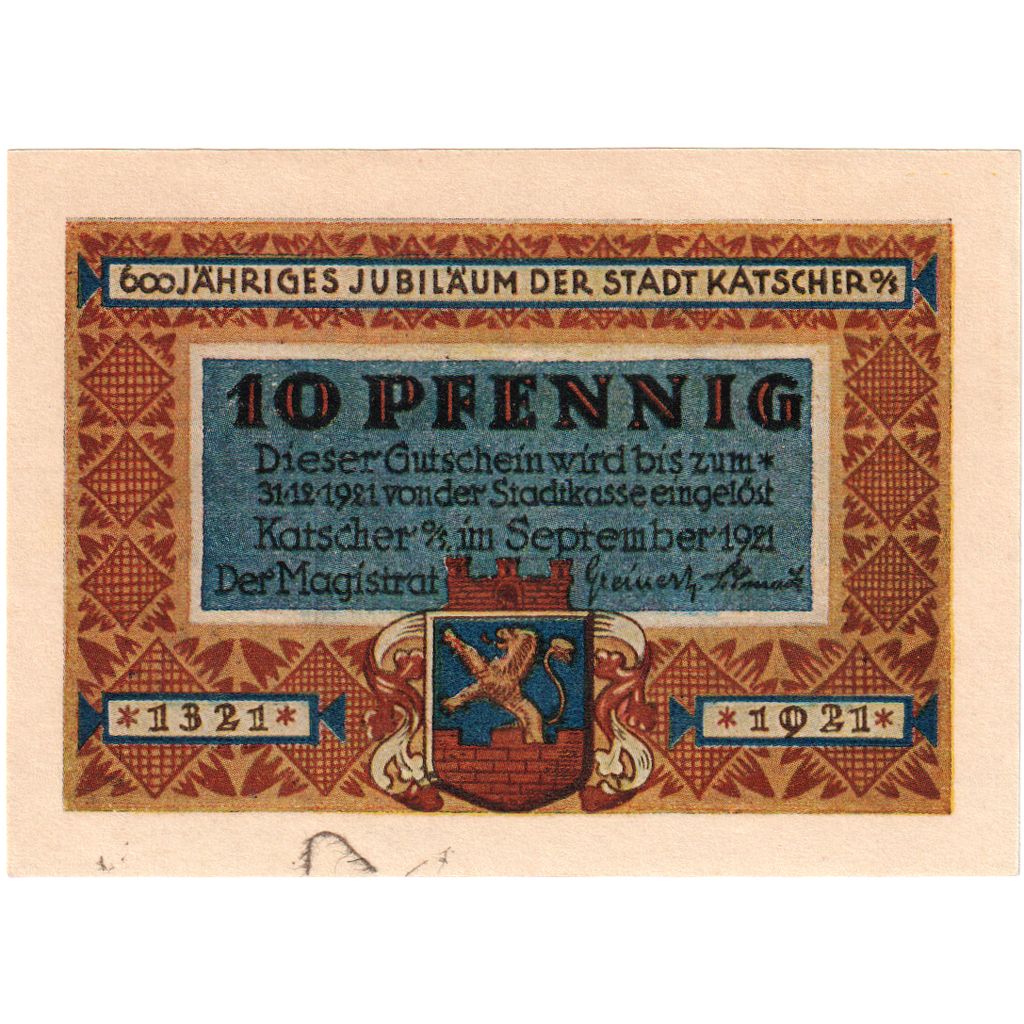Alemania, Katscher, 10 Pfennig, personnage, 1921, 1921-10-12, UNC, Mehl:680.2