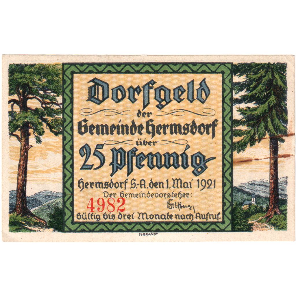 Geldschein, Deutschland, Hermsdorf, 25 Pfennig, Foret, 1921, 1921-05-01, UNZ