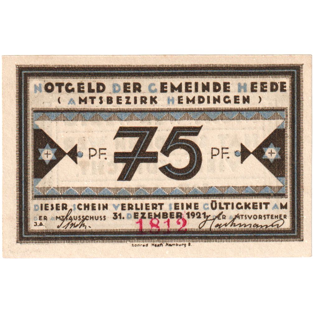 Alemania, Heede, 75 Pfennig, Texte, 1921, 1921-12-31, EBC+, Mehl:586.1