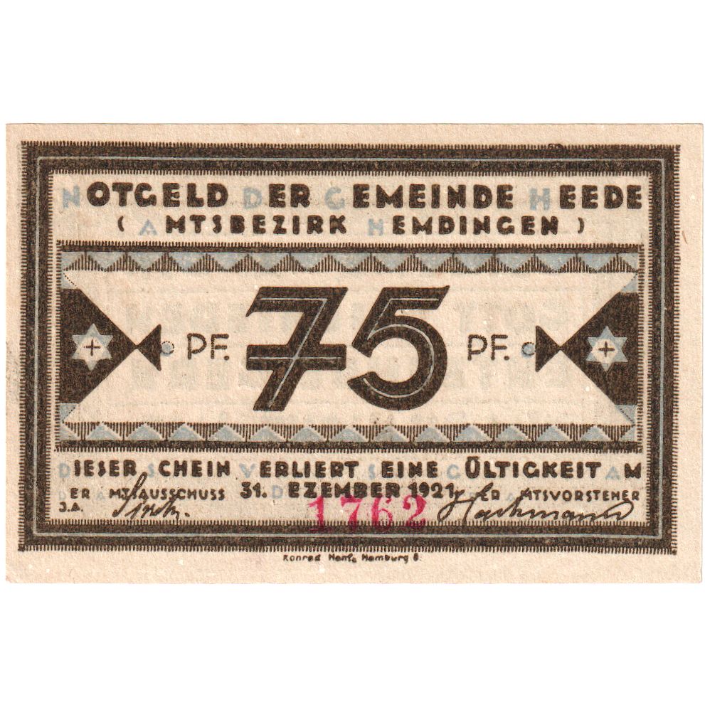 Alemania, Heede, 75 Pfennig, texte 1, 1921, 1921-12-31, EBC+, Mehl:586.1