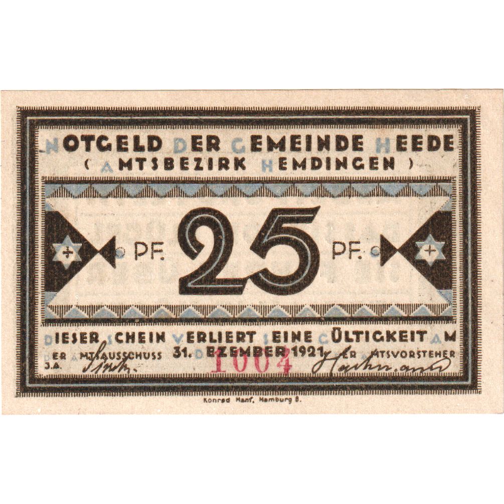 Alemania, Heede, 25 Pfennig, Texte, 1921, 1921-12-31, EBC+, Mehl:586.1