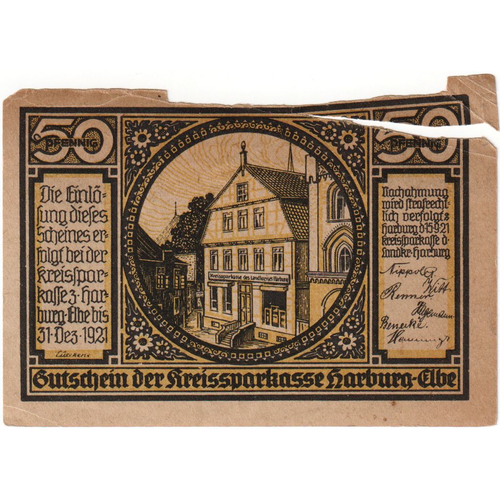 Deutschland, Harburg, 50 Pfennig, voilier, 1921, 1921-12-31, SS, Mehl:580.1a