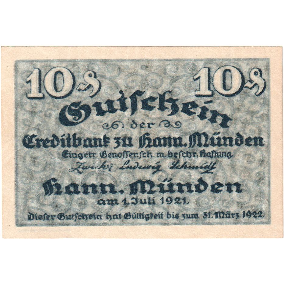 Niemcy, Hann. Münden, 10 Pfennig, personnage, 1921, 1921-07-01, UNC(63)