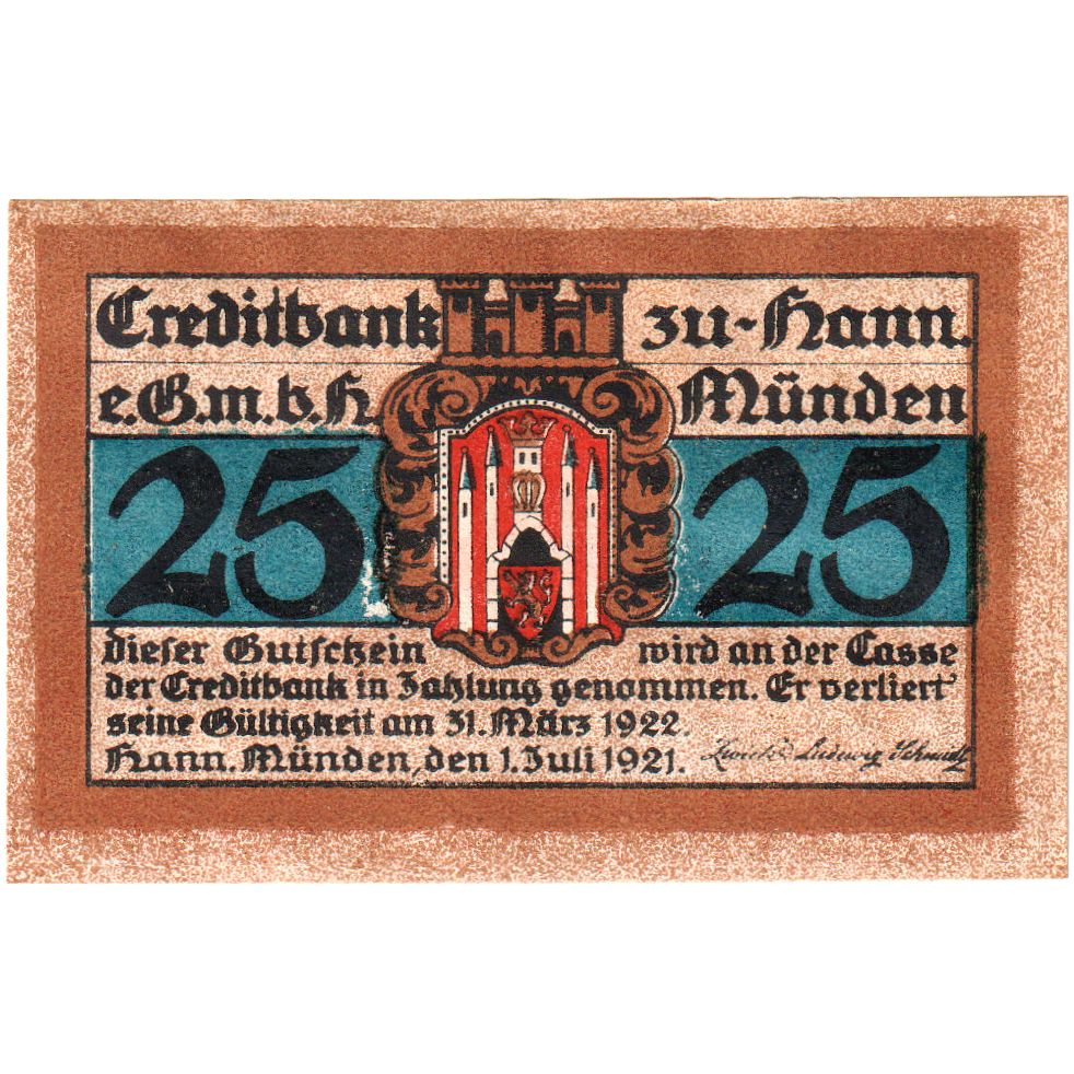 Deutschland, Hann. Münden, 25 Pfennig, valeur faciale, 1921, 1921-07-01, UNZ-