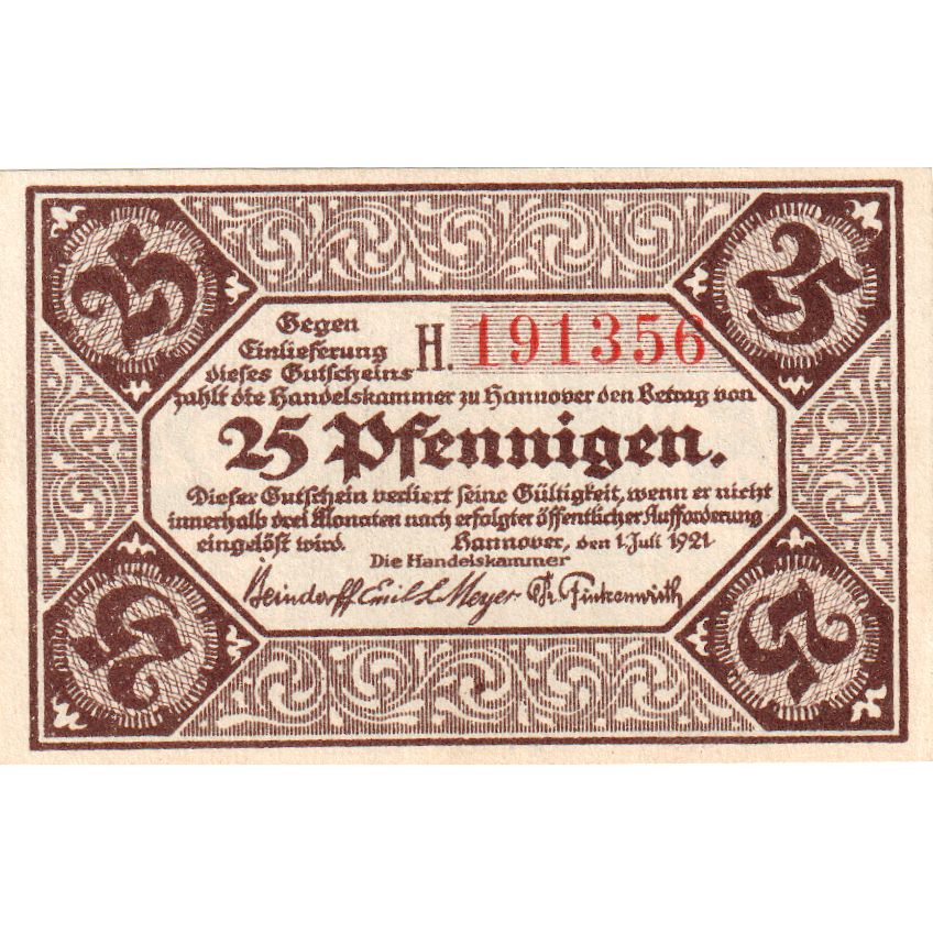 Deutschland, Hannover, 25 Pfennig, Eglise, 1921, 1921-07-01, VZ+, Mehl:572.1