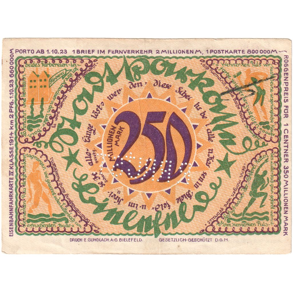 Niemcy, Bielefeld Stadt, 250 Millionen Mark, personnage 1, 1922, 1922-04_02