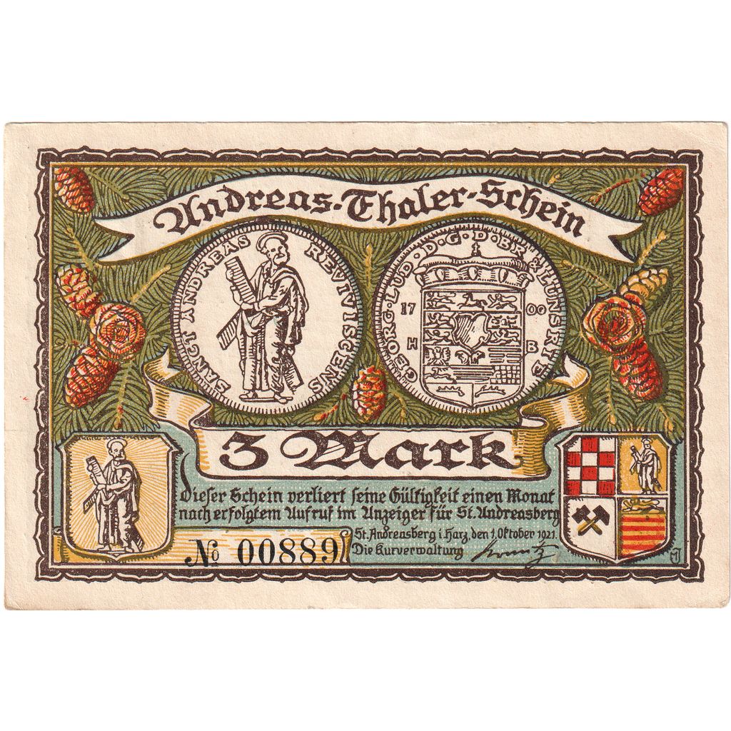 Niemcy, Hannover, 3 Mark, paysage 2, 1921, 1921-10-10, UNC(60-62), Mehl:1164.1a
