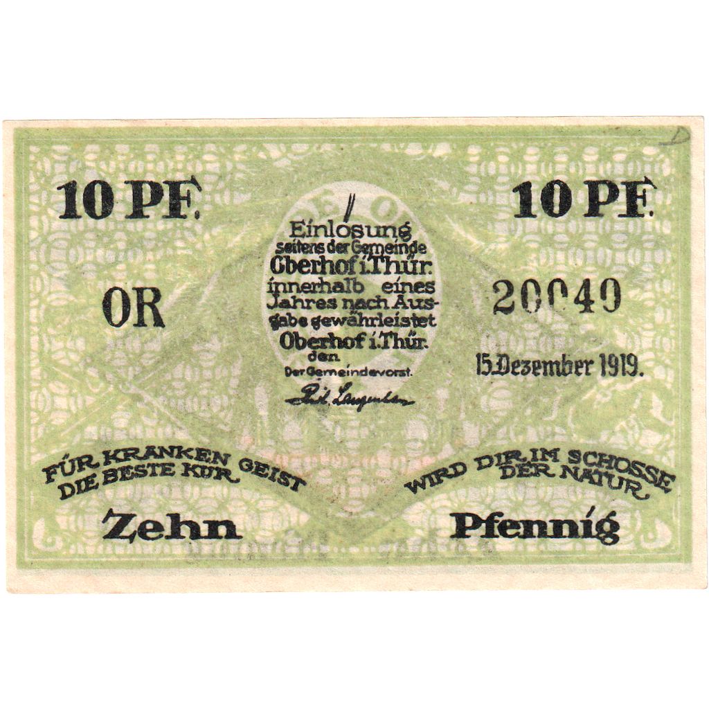 Germania, Oberhof Gemeinde, 10 Pfennig, Monument, 1919, 1919-12-15, SPL
