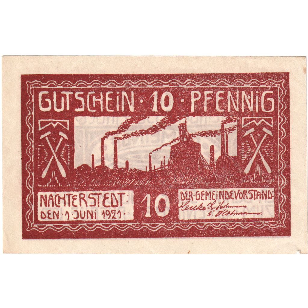 Germania, Nachterstedt Gemeinde, 10 Pfennig, Usine, 1921, 1921-06-01, SPL