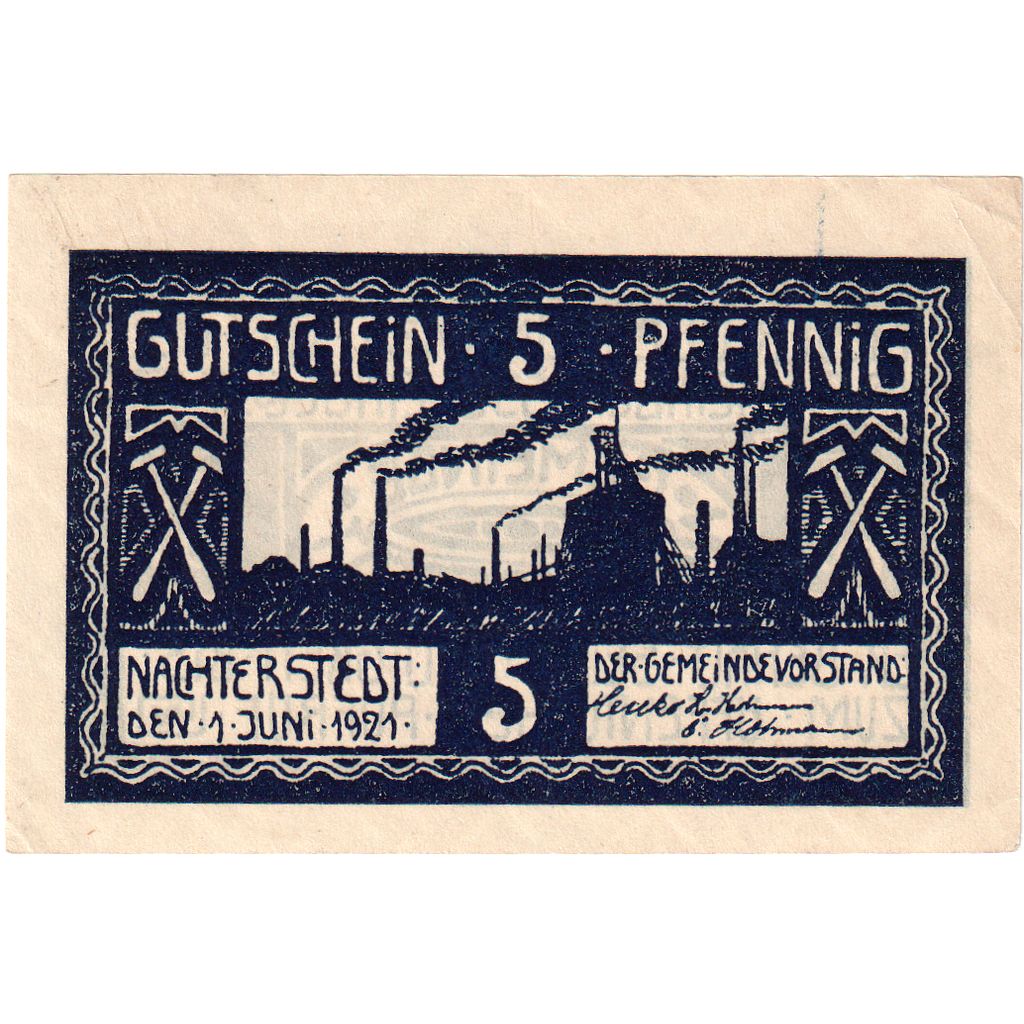 Niemcy, Nachterstedt Gemeinde, 5 Pfennig, Usine 1, 1921, 1921-06-01, UNC(63)