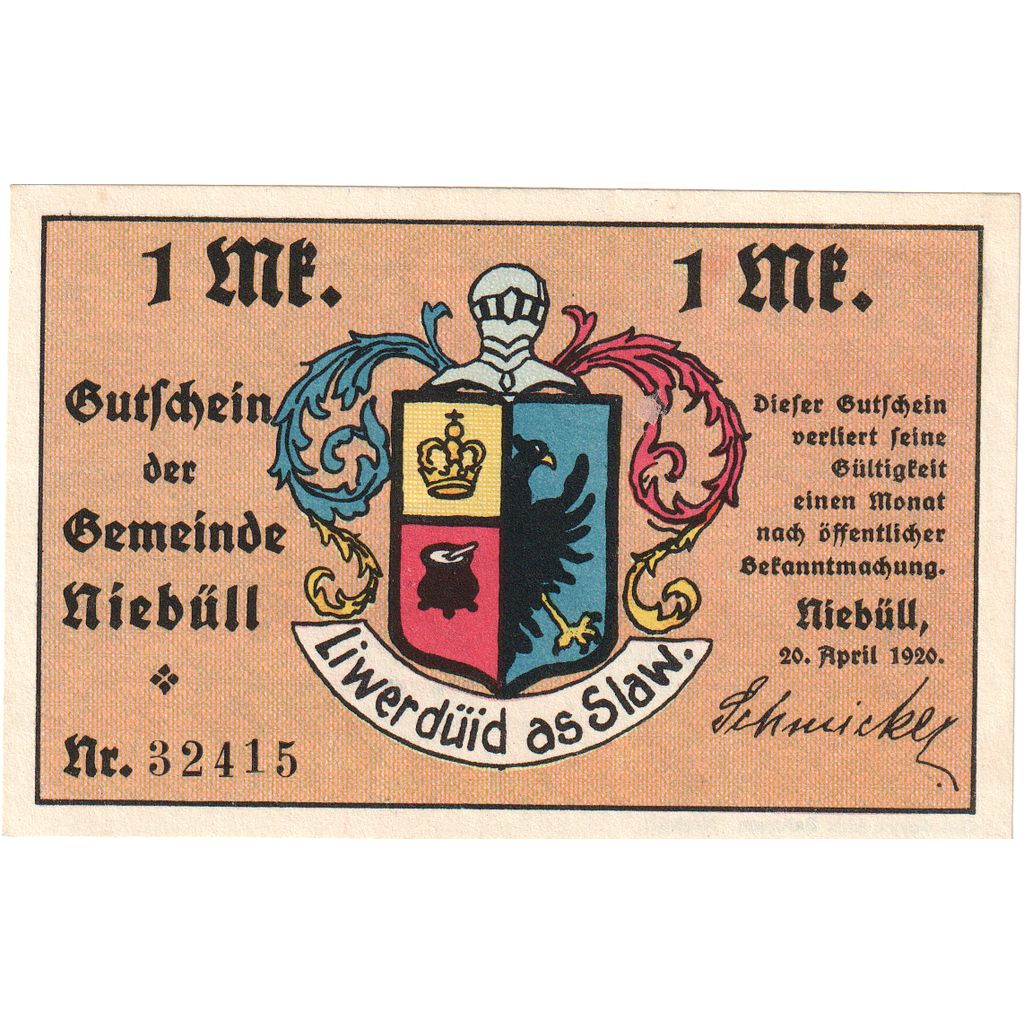 Germania, Niebüll, 1 Mark, personnage, 1920, 1920-04-20, FDS, Mehl:970.1
