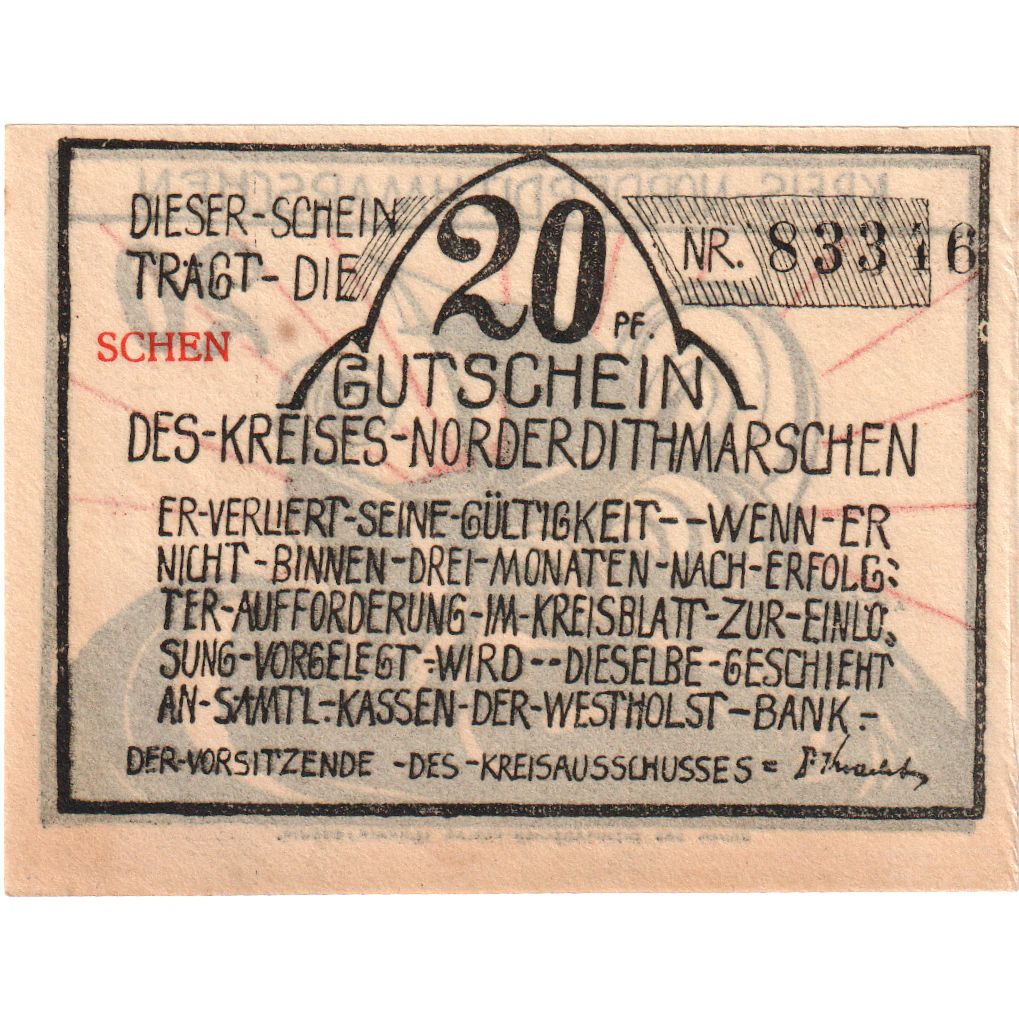 Germania, Norder-Dithmarschen Kreis (Sitz in Heide), 20 Pfennig, bateau, undated