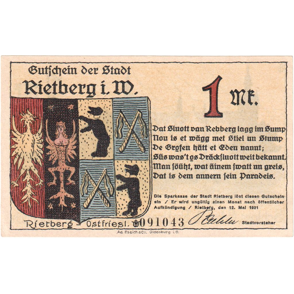 Germania, Rietberg, 1 Mark, paysage, 1921, 1921-05-12, FDS, Mehl:1123.1