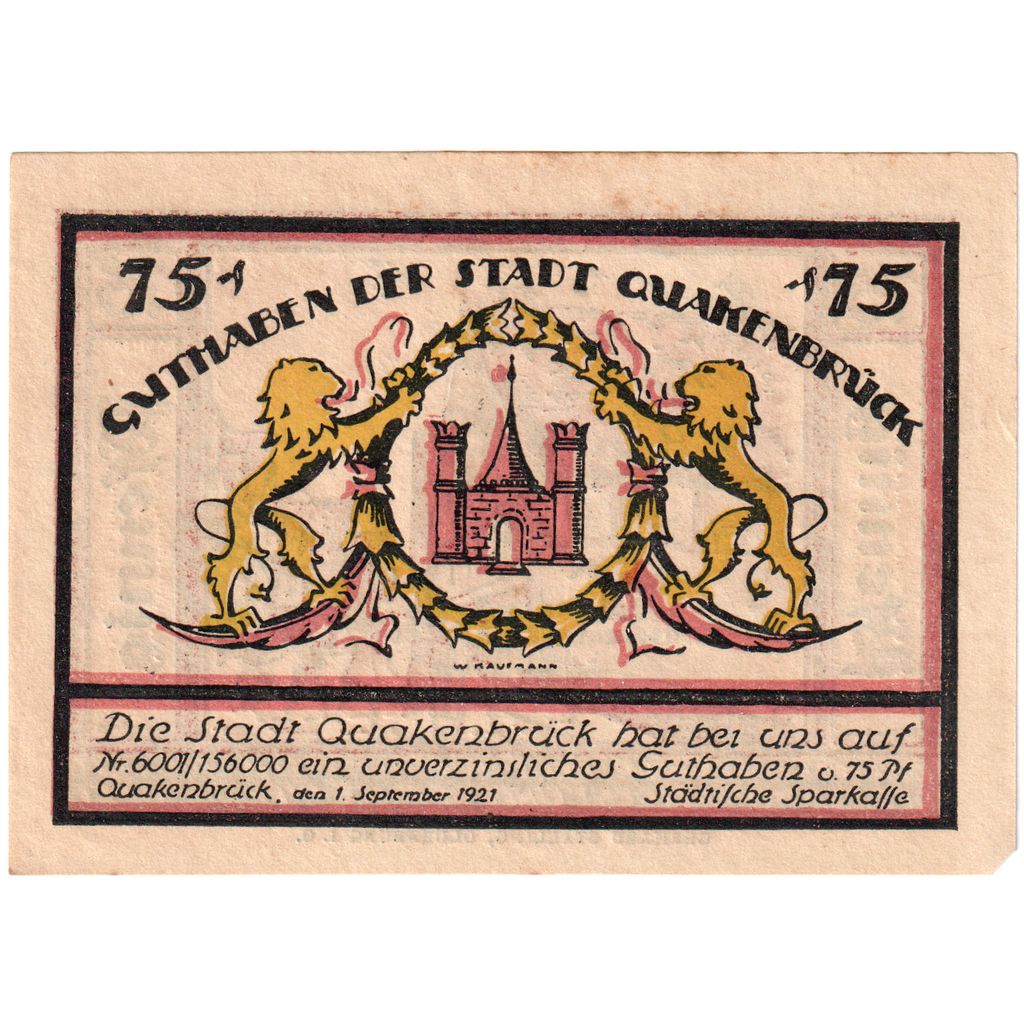 Niemcy, Quakenbrück, 75 Pfennig, rue, 1921, 1921-09-01, UNC(65-70), Mehl:1086